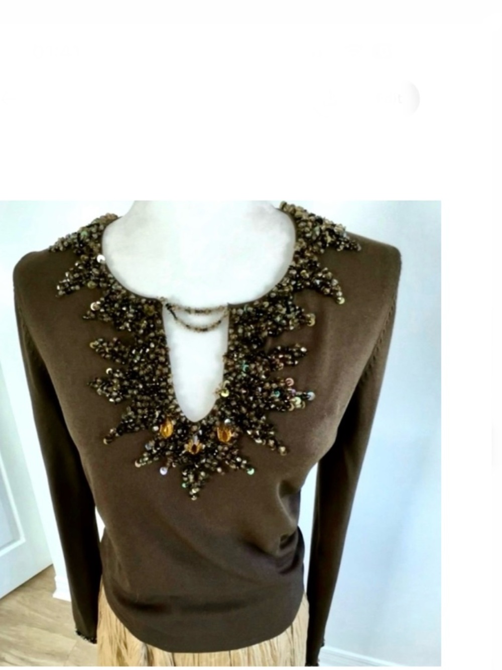 🆕 Vintage ´90s Brown Jersey Top  Beaded & Sequinned  Neck & Sleeves Lines  • New
